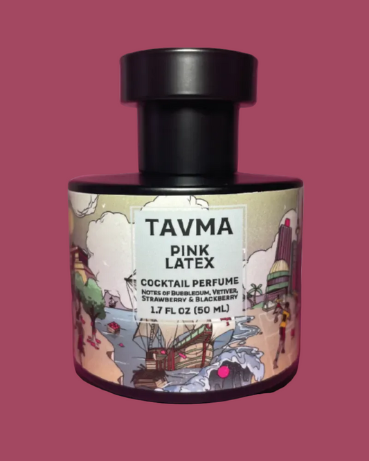 Perfume bottle with colorful label on a pink background