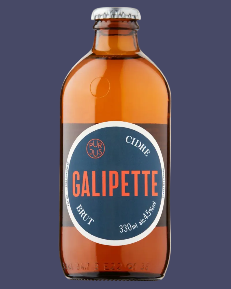 Brown bottle of Galipette cider with a blue label on a white background