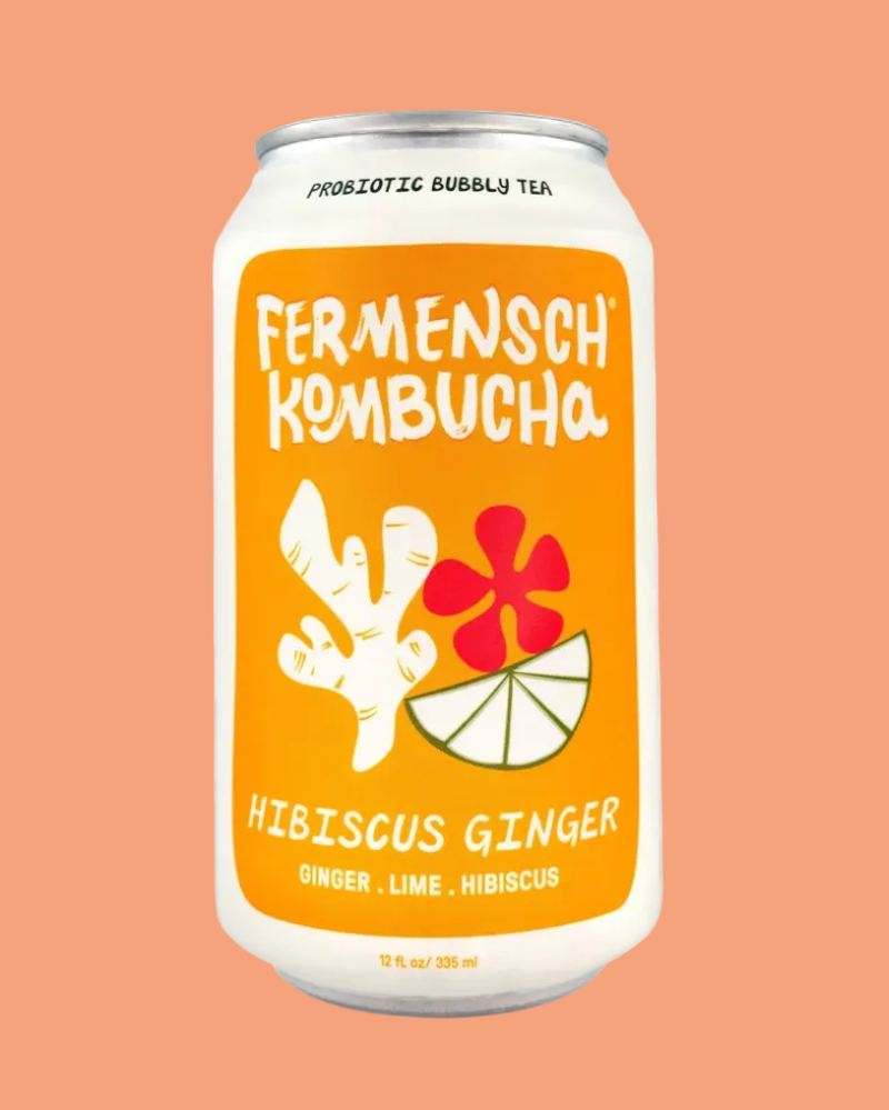 Fermensch Kombucha Hibiscus Ginger can on a peach background