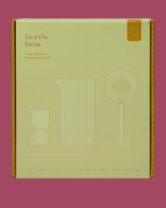 Green box with branding and product illustrations on a pink background