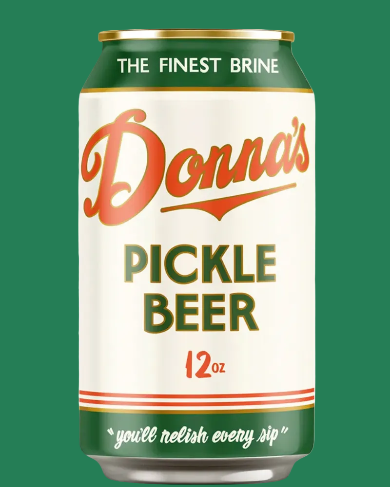 Can of Donna's Pickle Beer with green and white label on a green background