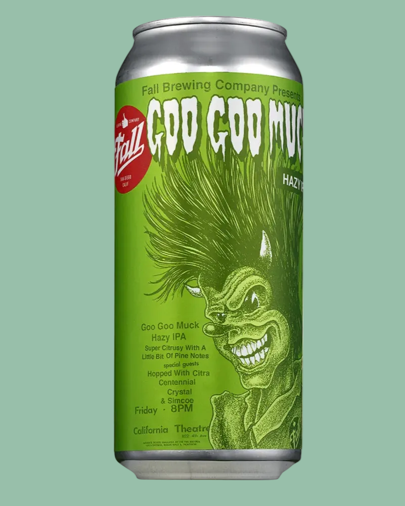 Green beer can with a graphic of a creature and text on a green background