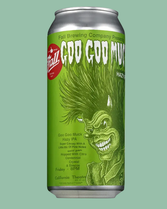 Green beer can with a graphic of a creature and text on a green background