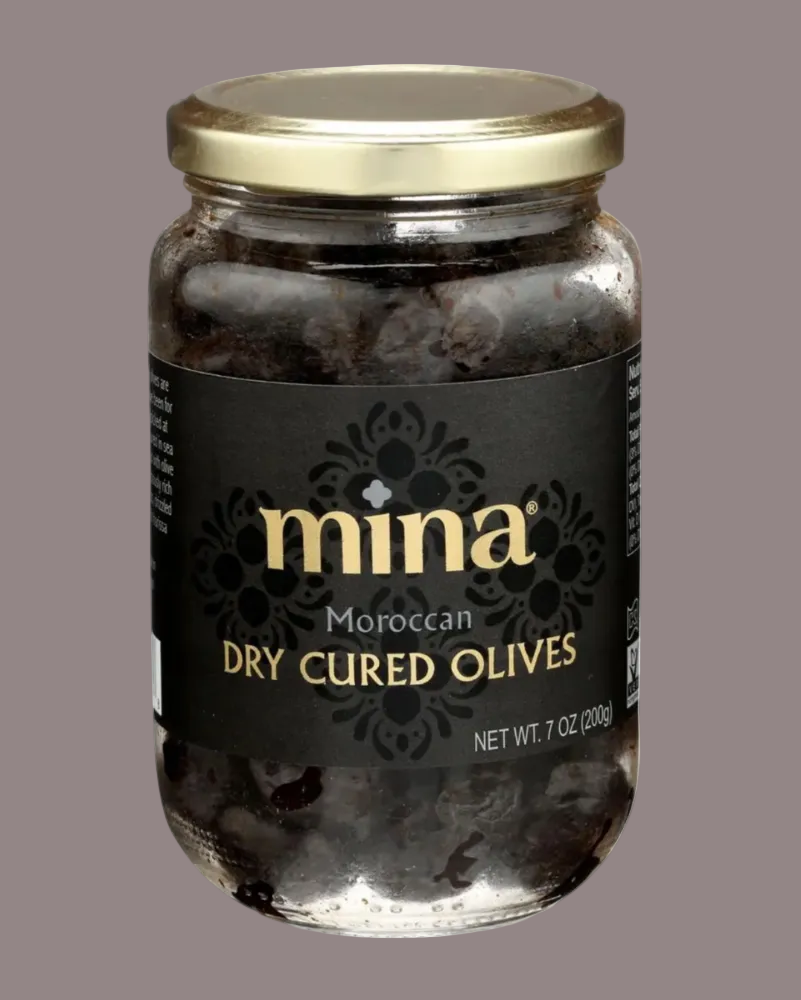 Jar of Mina Moroccan Dry Cured Olives on a white background
