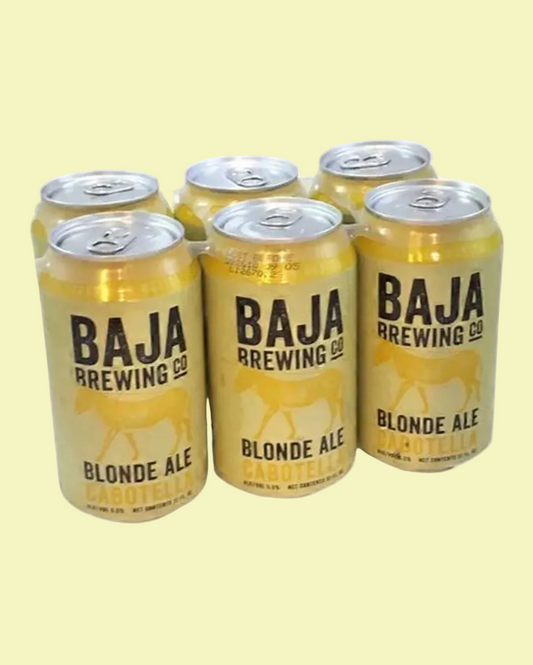 Six cans of Baja Brewing Co. Blonde Ale on a white background