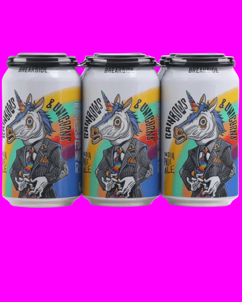 Three beer cans with unicorn and human hybrid design on a pink background