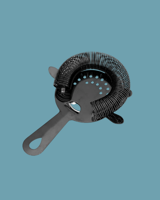 Black cocktail strainer on a white background