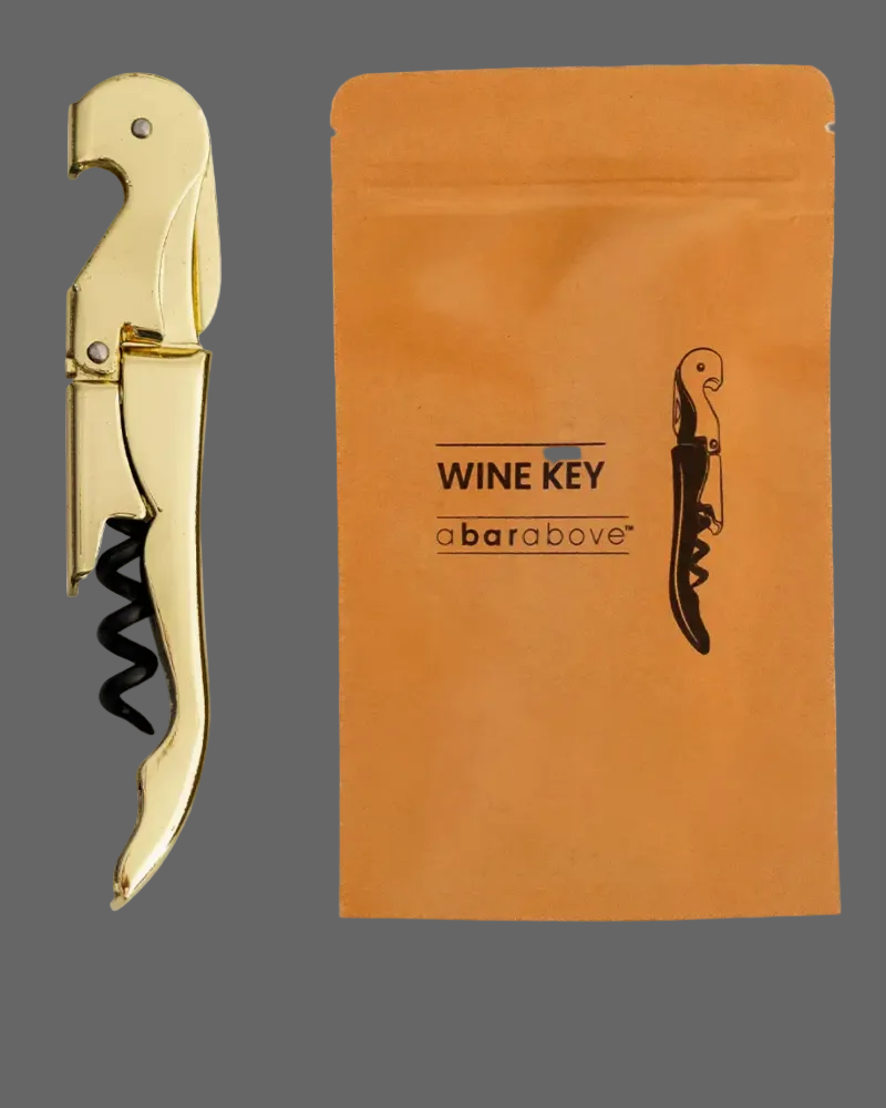 Gold corkscrew and brown packaging with 'Wine Key abarabove' branding on a white background
