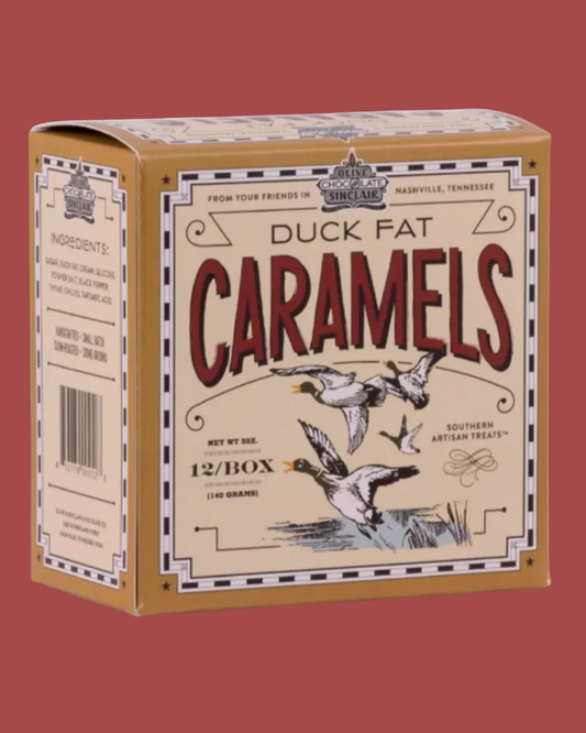 Box of Duck Fat Caramels with a red background