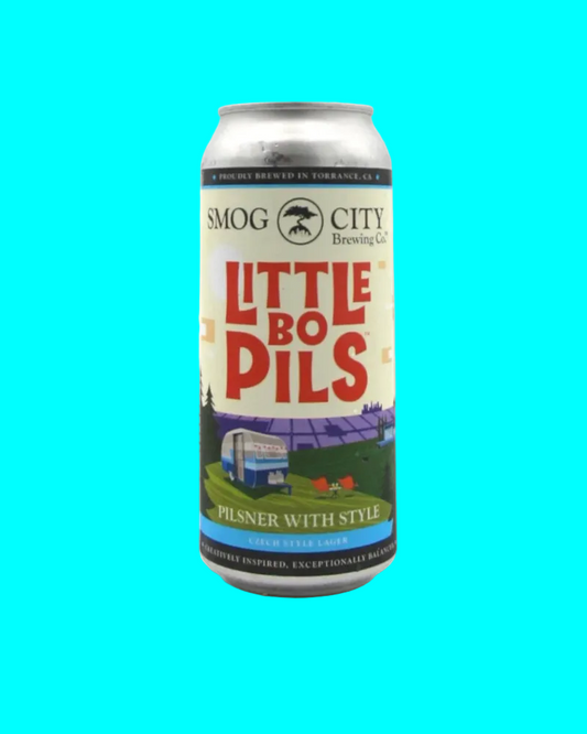 Can of Smog City Brewing Co. Little Bo Pils on a blue background