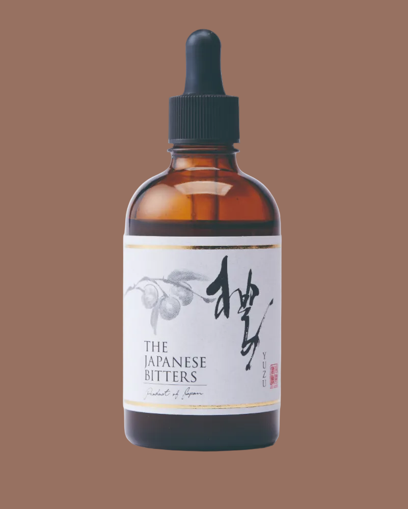 Bottle of 'The Japanese Bitters' with a dropper on a white background