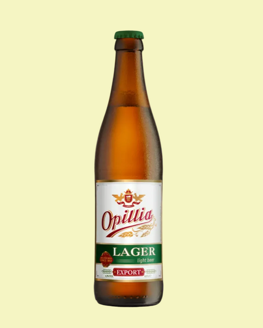 Opillia Lager beer bottle on a light yellow background