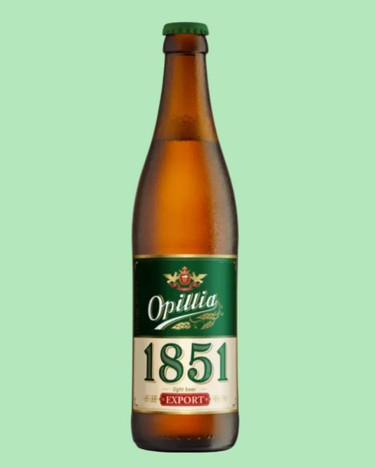 Opilia 1851 Export beer bottle on a light green background