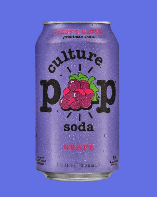 Purple can of culture pop soda with grape flavor on a blue background