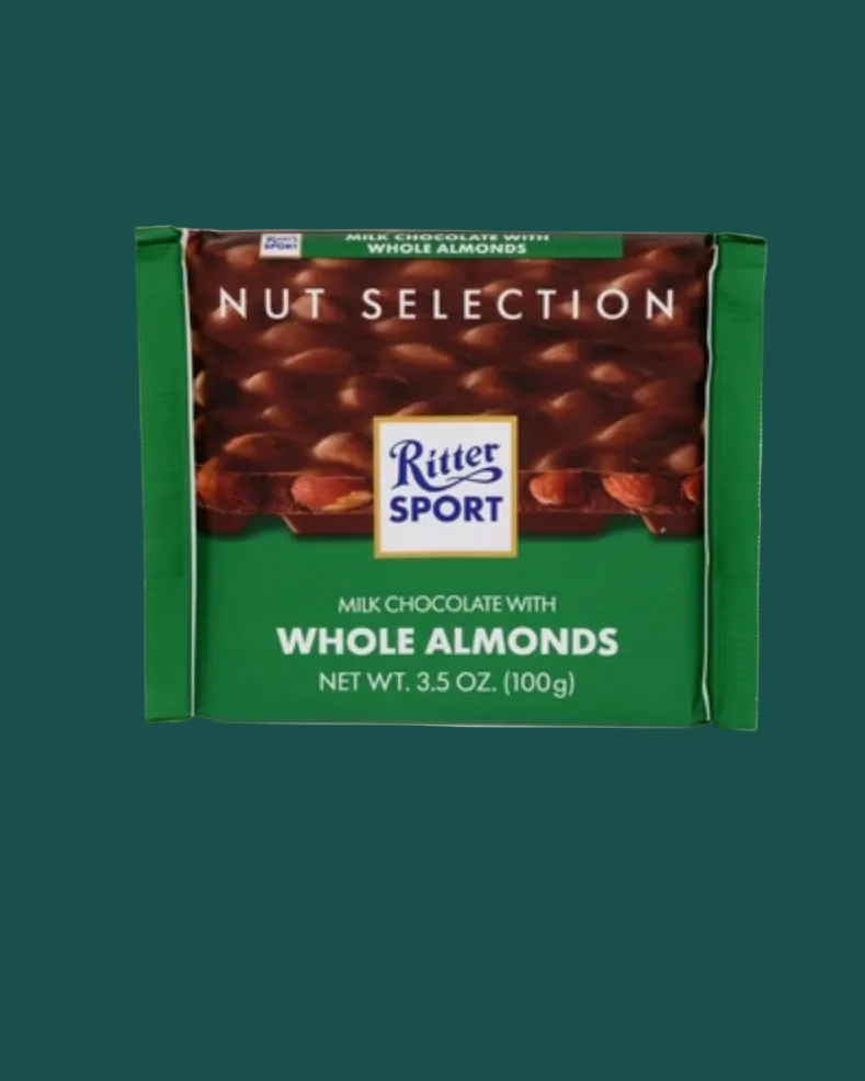 Ritter Sport chocolate bar with whole almonds on a white background