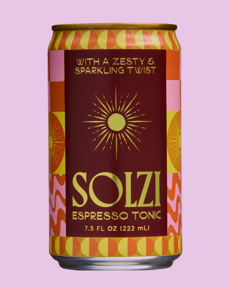 SOLZI Espresso Tonic can with colorful design on a beige background