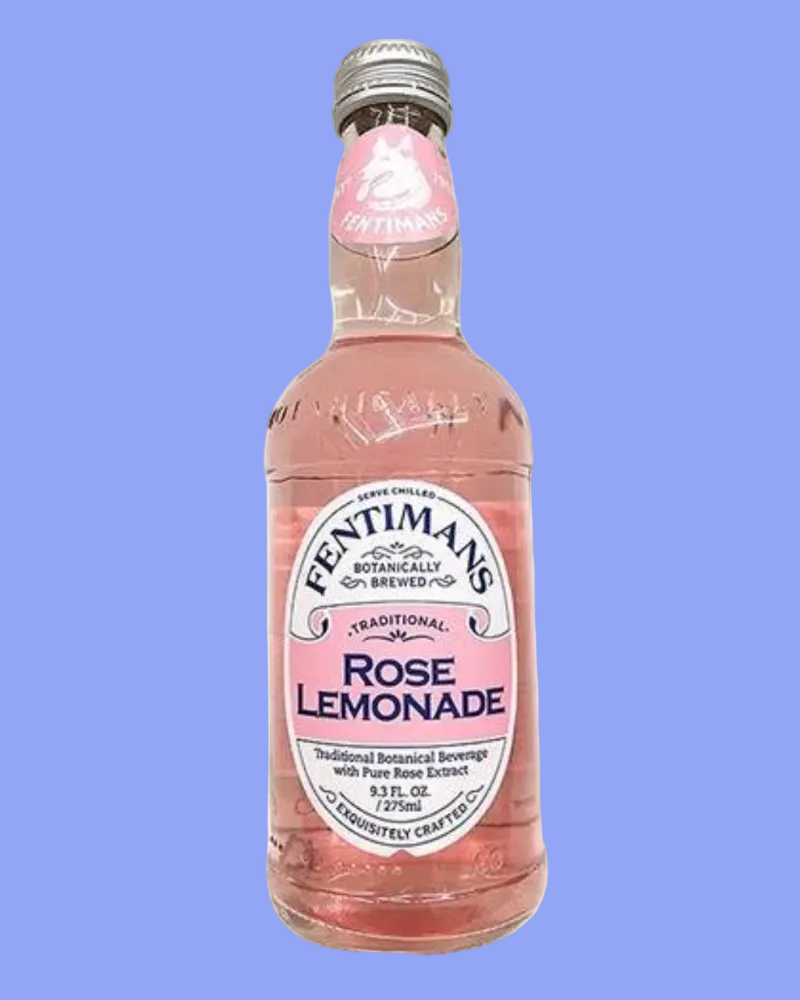 Pink bottle of Fentimans Rose Lemonade on a blue background