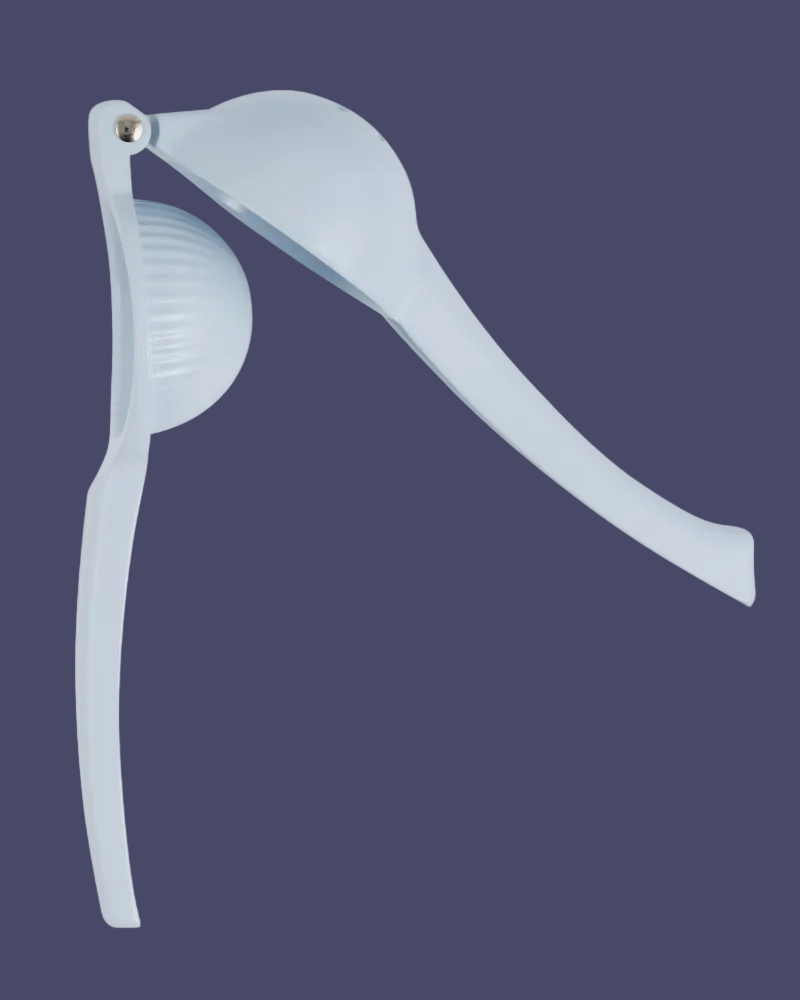 White plastic tool with a long handle and curved head on a white background