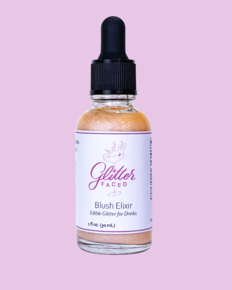 Bottle of Glitter Faced Blush Elixir on a white background