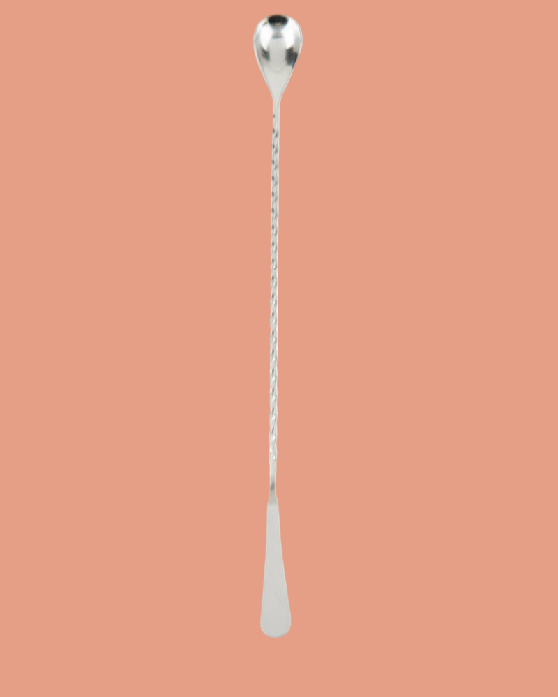 Silver spoon with a long handle on a white background