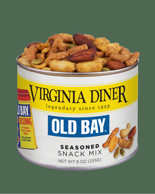 Can of Virginia Diner Old Bay Seasoned Snack Mix on a white background