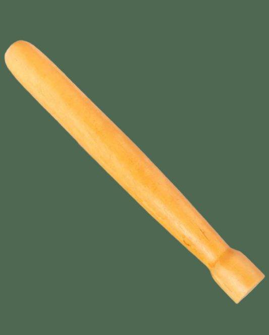 Tan wooden muddler on a white background
