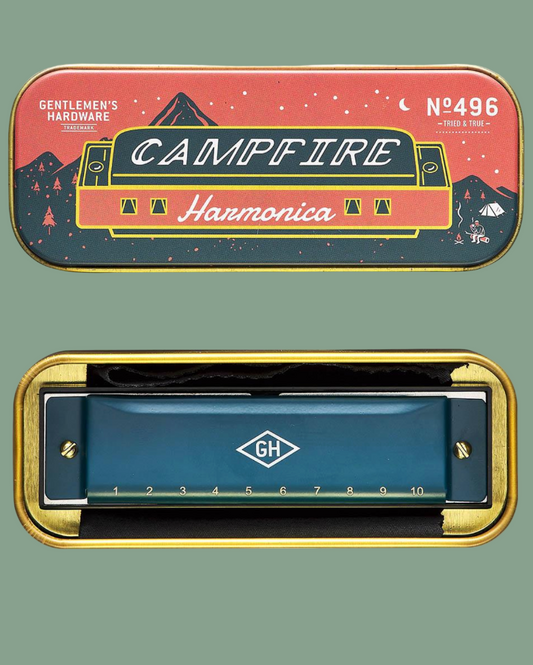 Campfire harmonica with its packaging on a white background