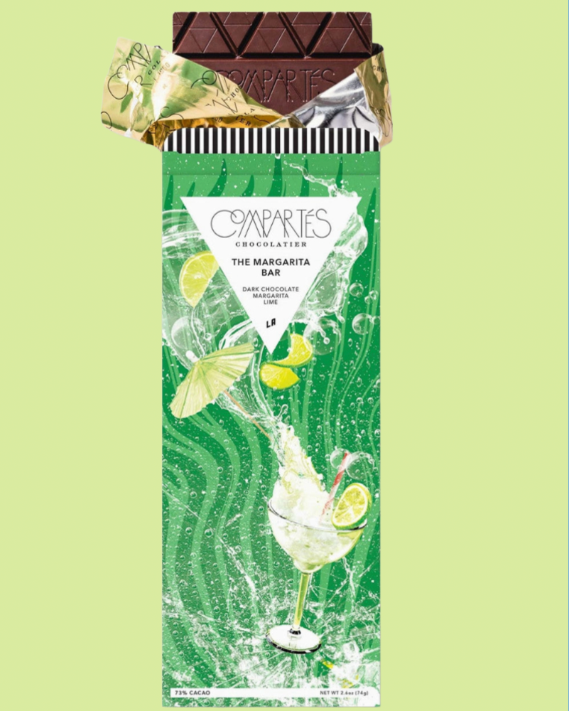 Chocolate bar packaging with a green design featuring a cocktail and the brand 'Compartes Chocolatiers'.
