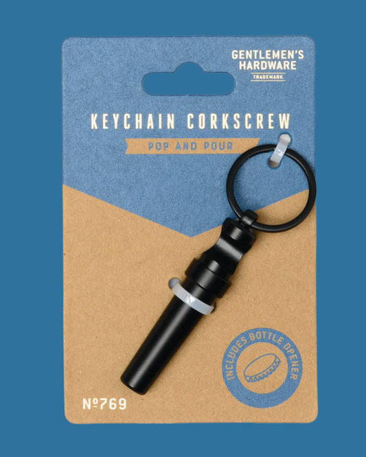 Keychain corkscrew on a blue and brown packaging with 'Gentlemen's Hardware' branding.
