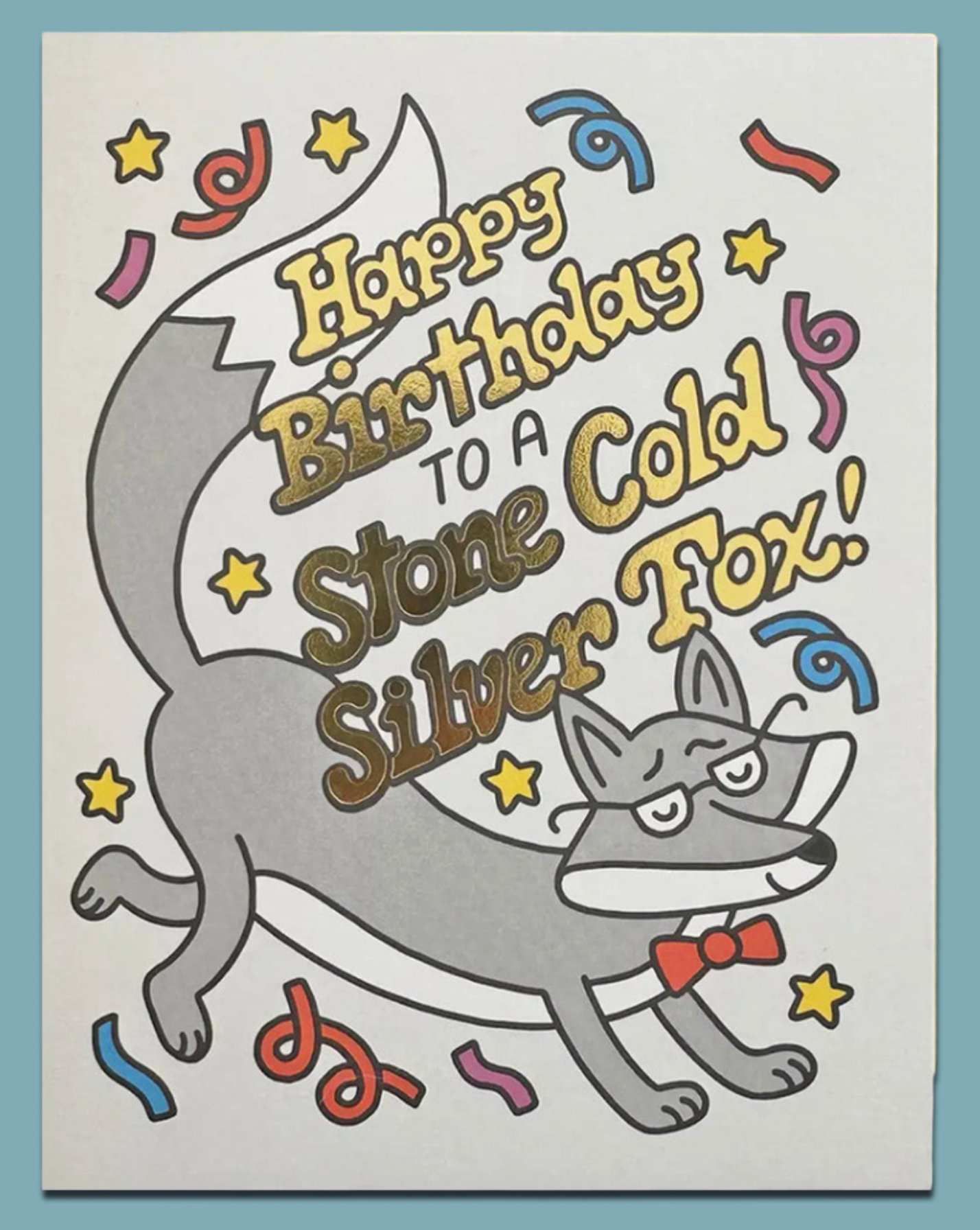 Birthday card with a fox illustration and humorous text on a light blue background