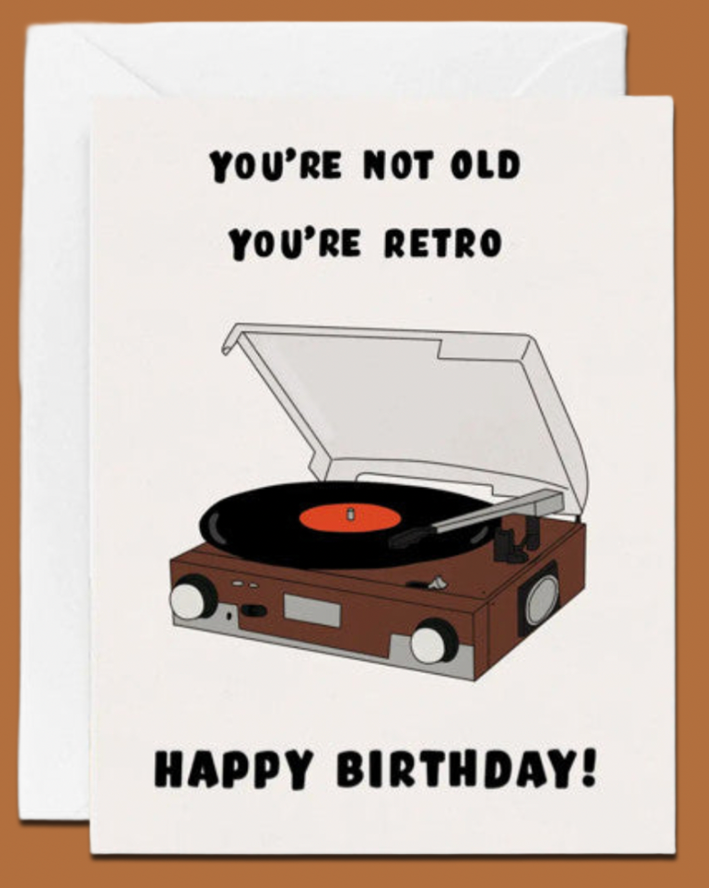 Birthday card with a record player illustration and text on a white background