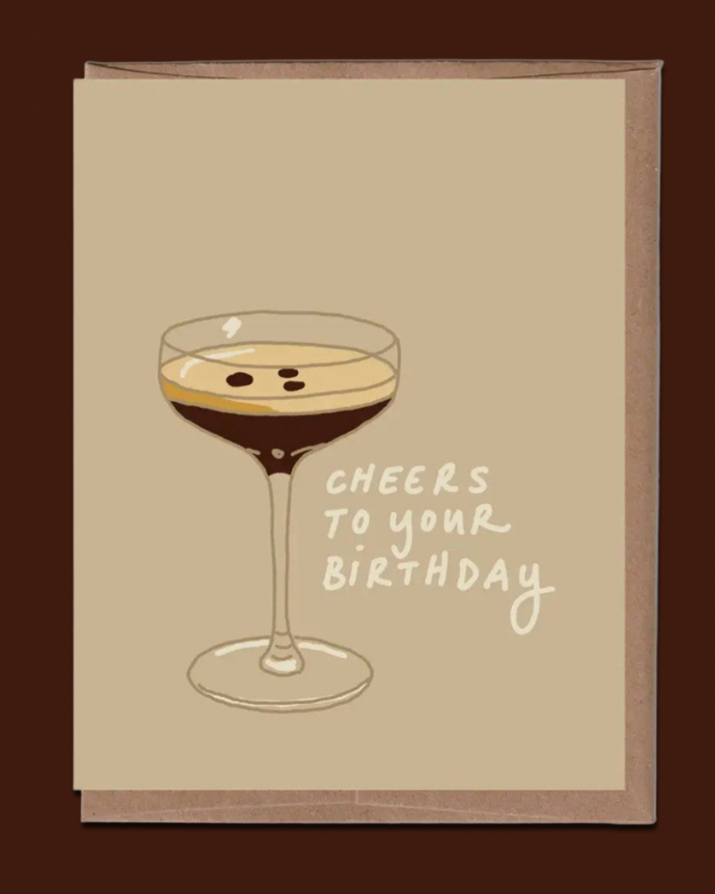Greeting card with a cocktail illustration and 'Cheers to your Birthday' text on a beige background.