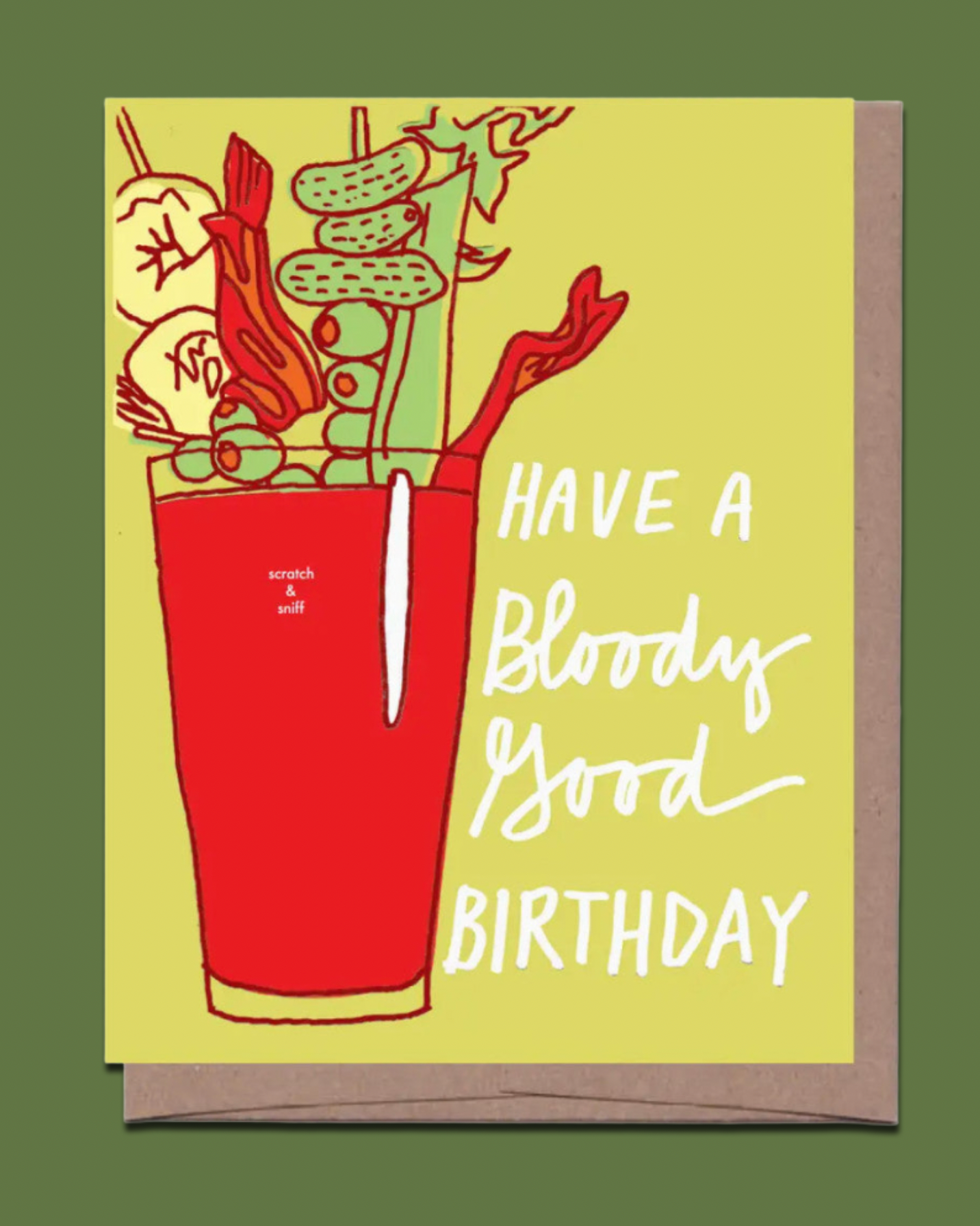 Birthday card with a red cup and text 'Have a Bloody Good Birthday' on a yellow background