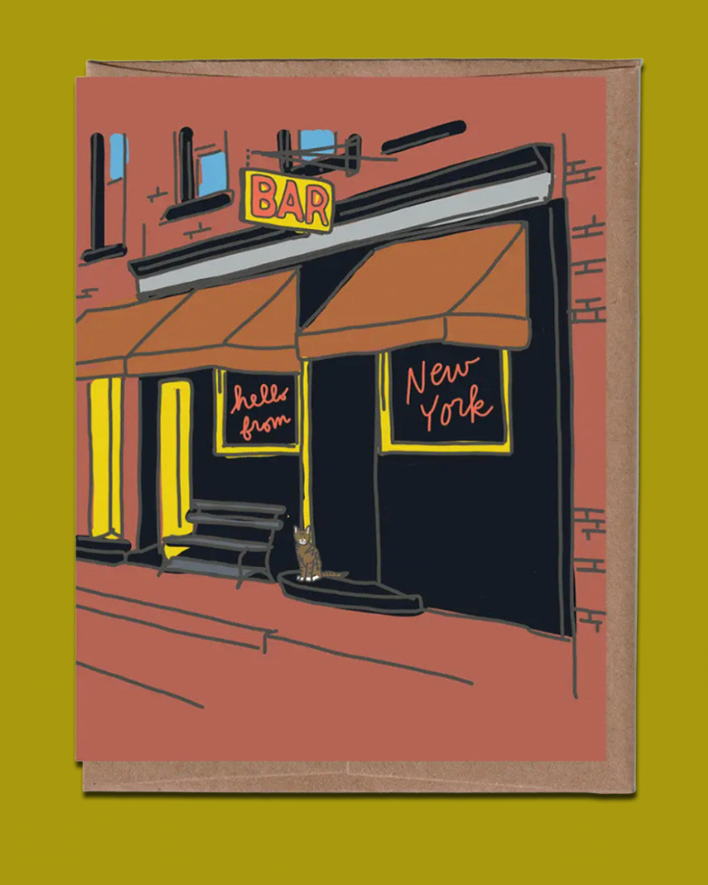 Illustration of a bar with neon signs on a yellow background