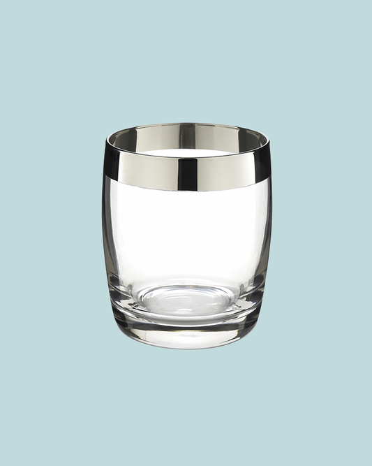 Clear glass with silver rim on a light blue background