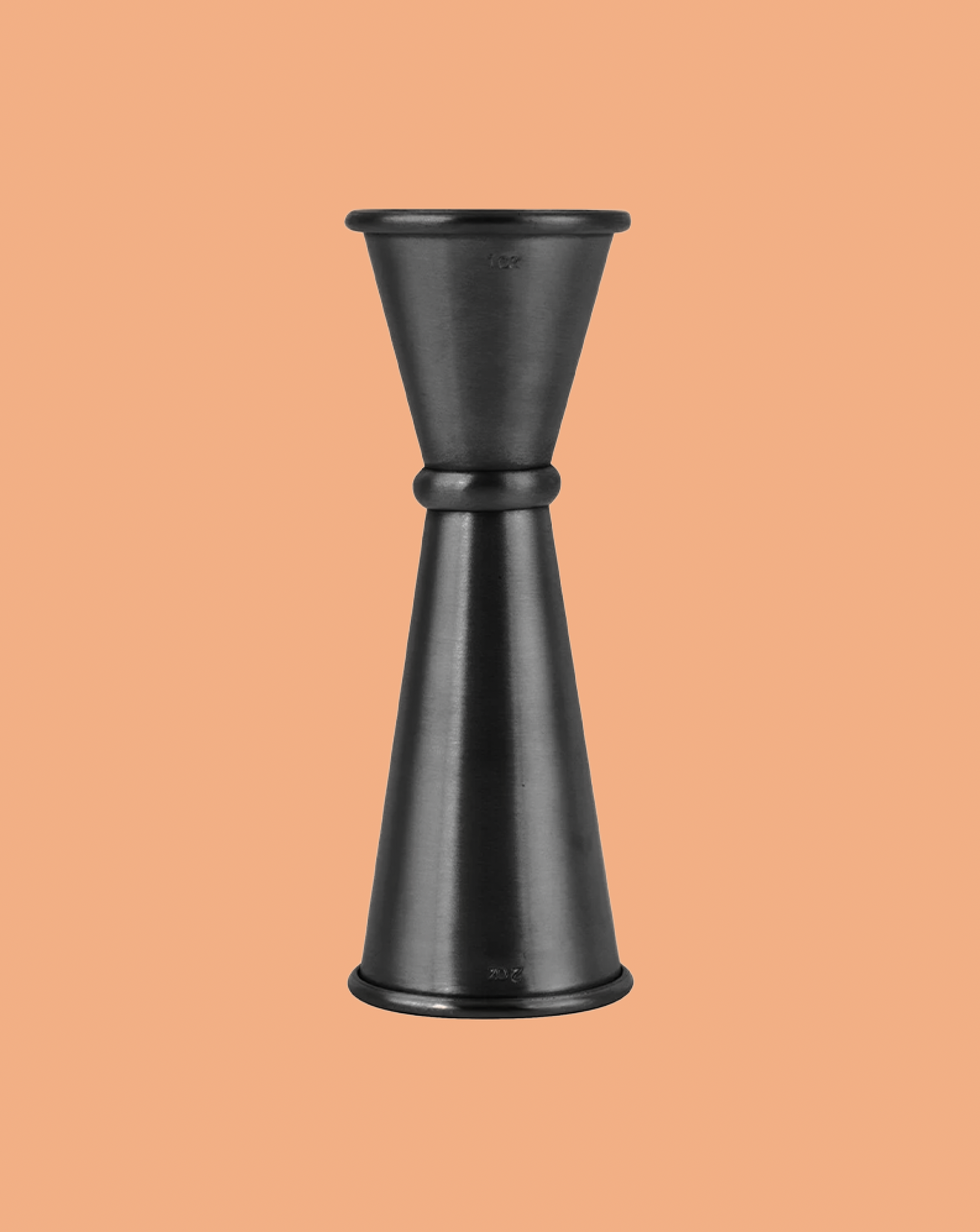 Black metal jigger on a beige background