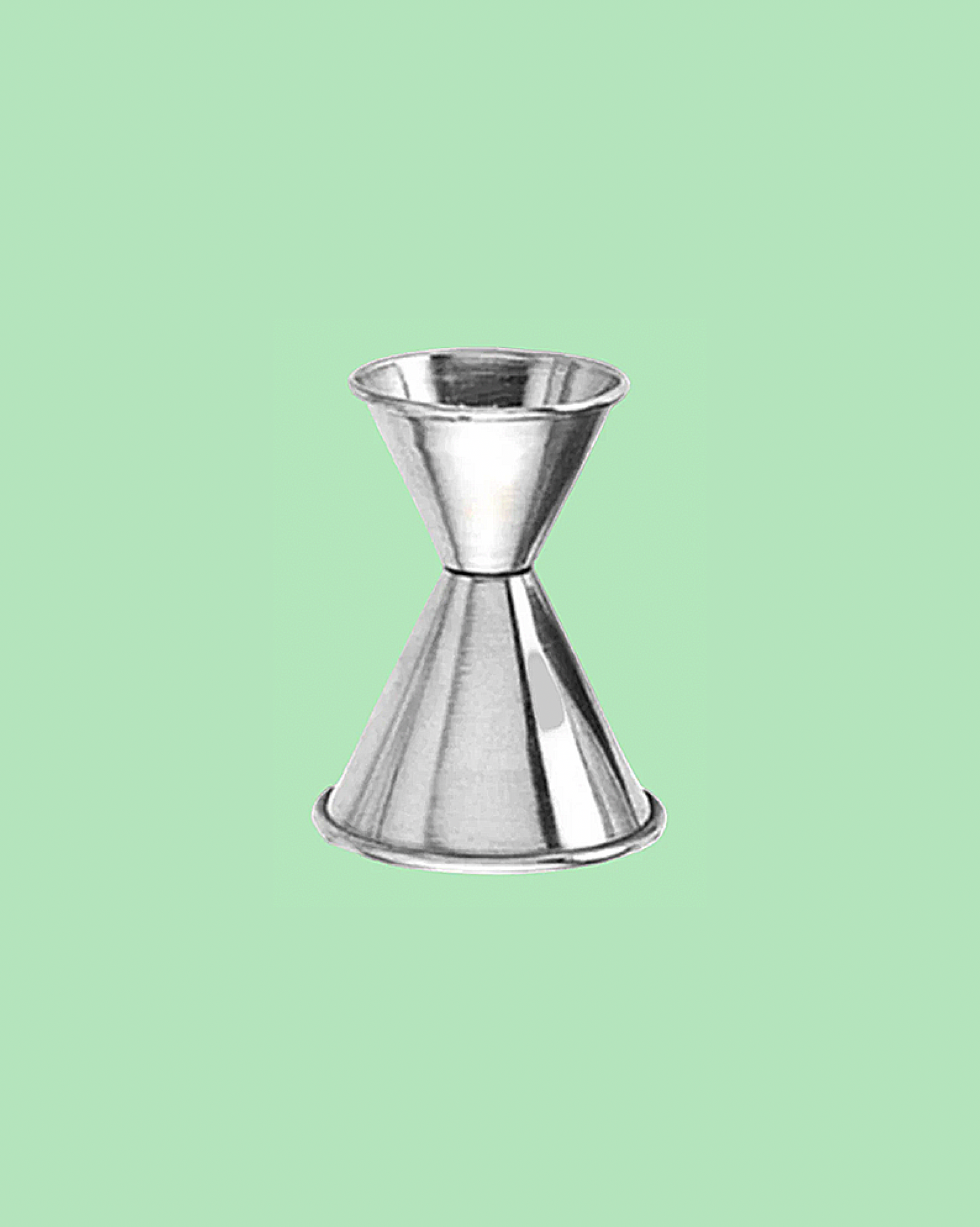 Metallic cocktail jigger on a light green background