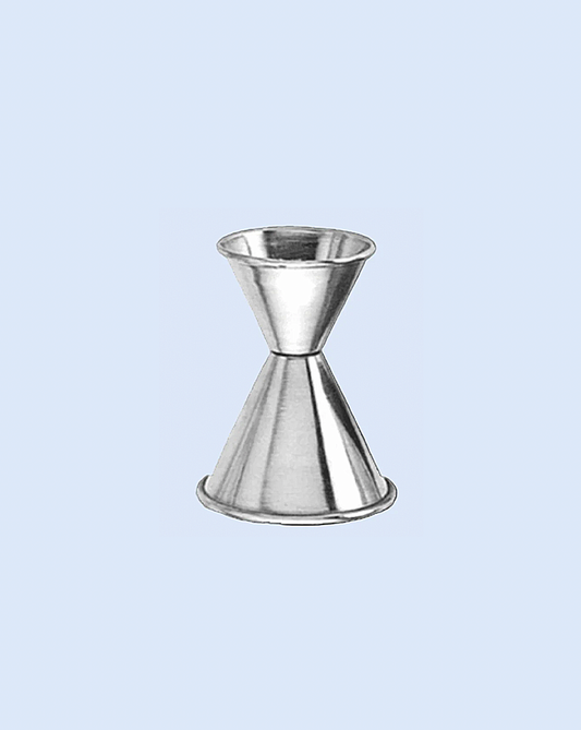 Metallic double-sided jigger on a light gray background