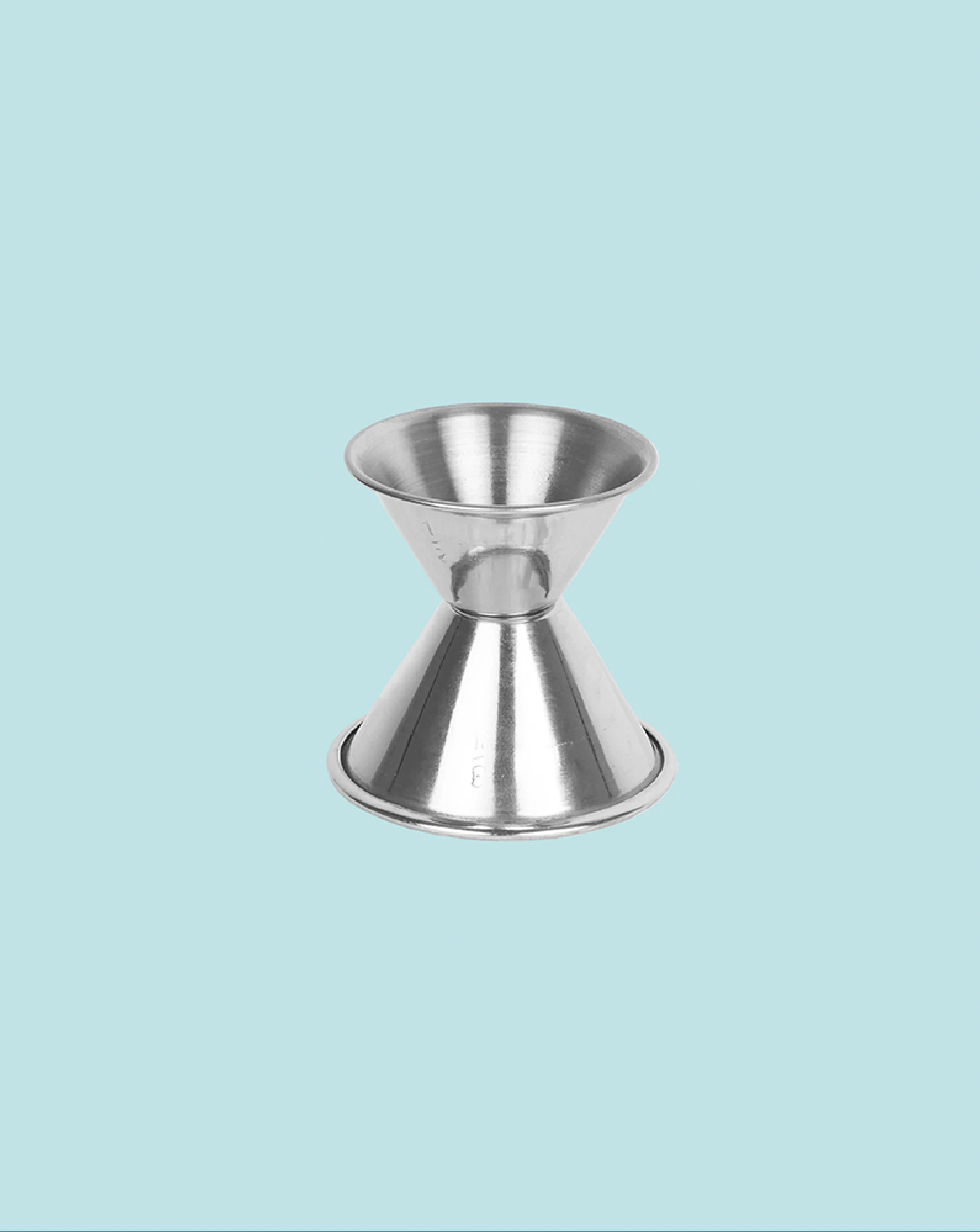 Metallic hourglass-shaped object on a light blue background