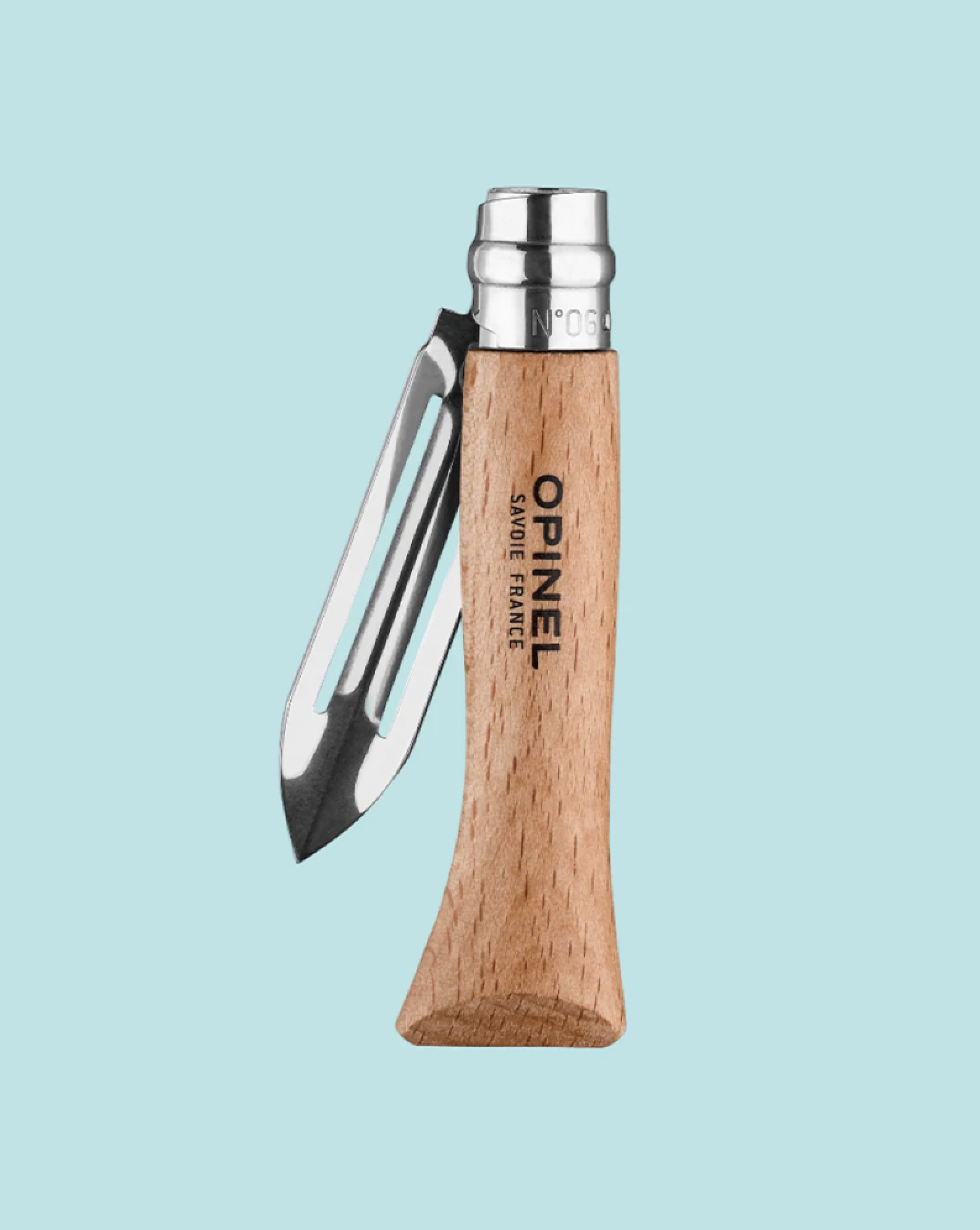 Opinel knife with wooden handle and silver blade on a light blue background