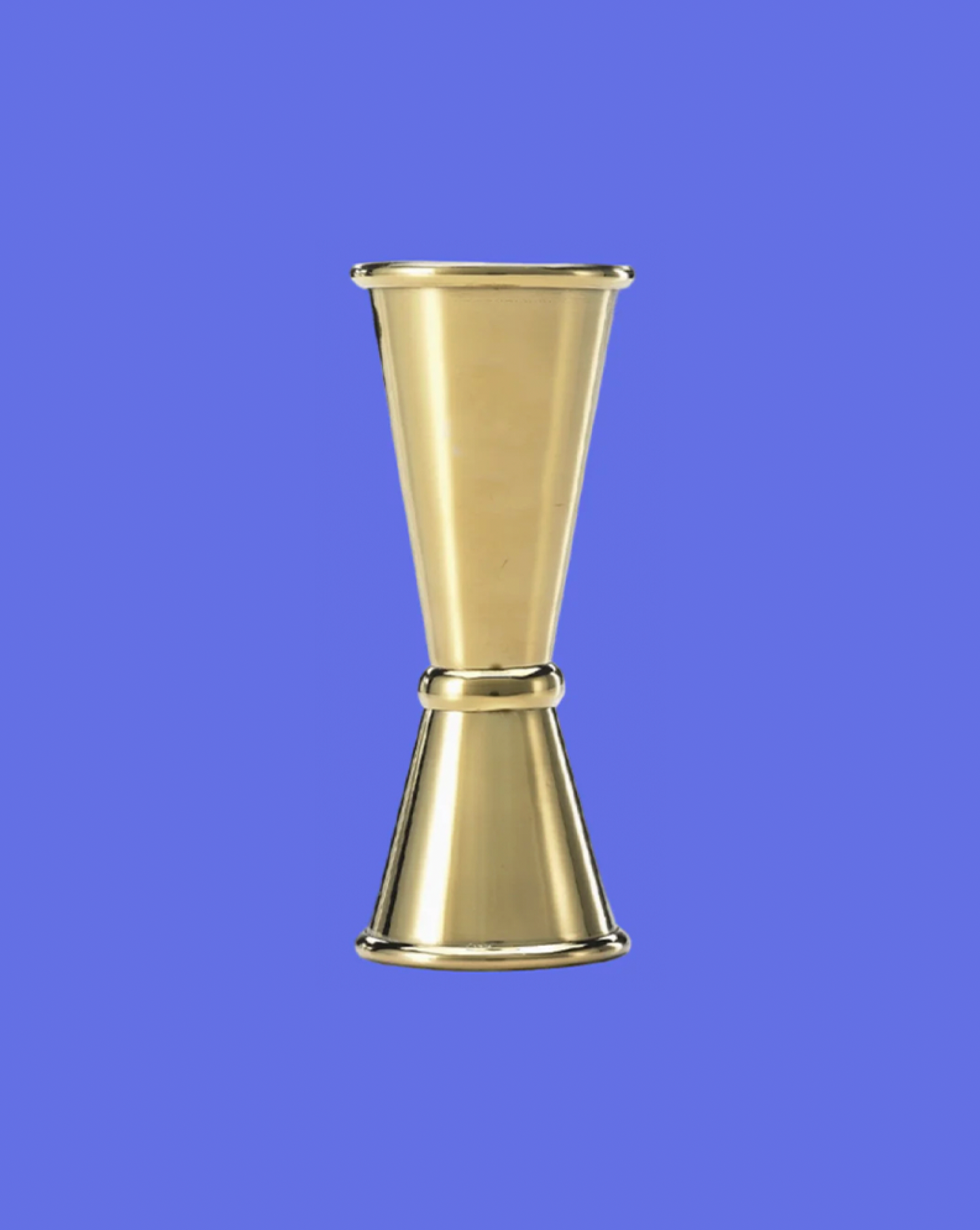 Gold metal jigger on a blue background