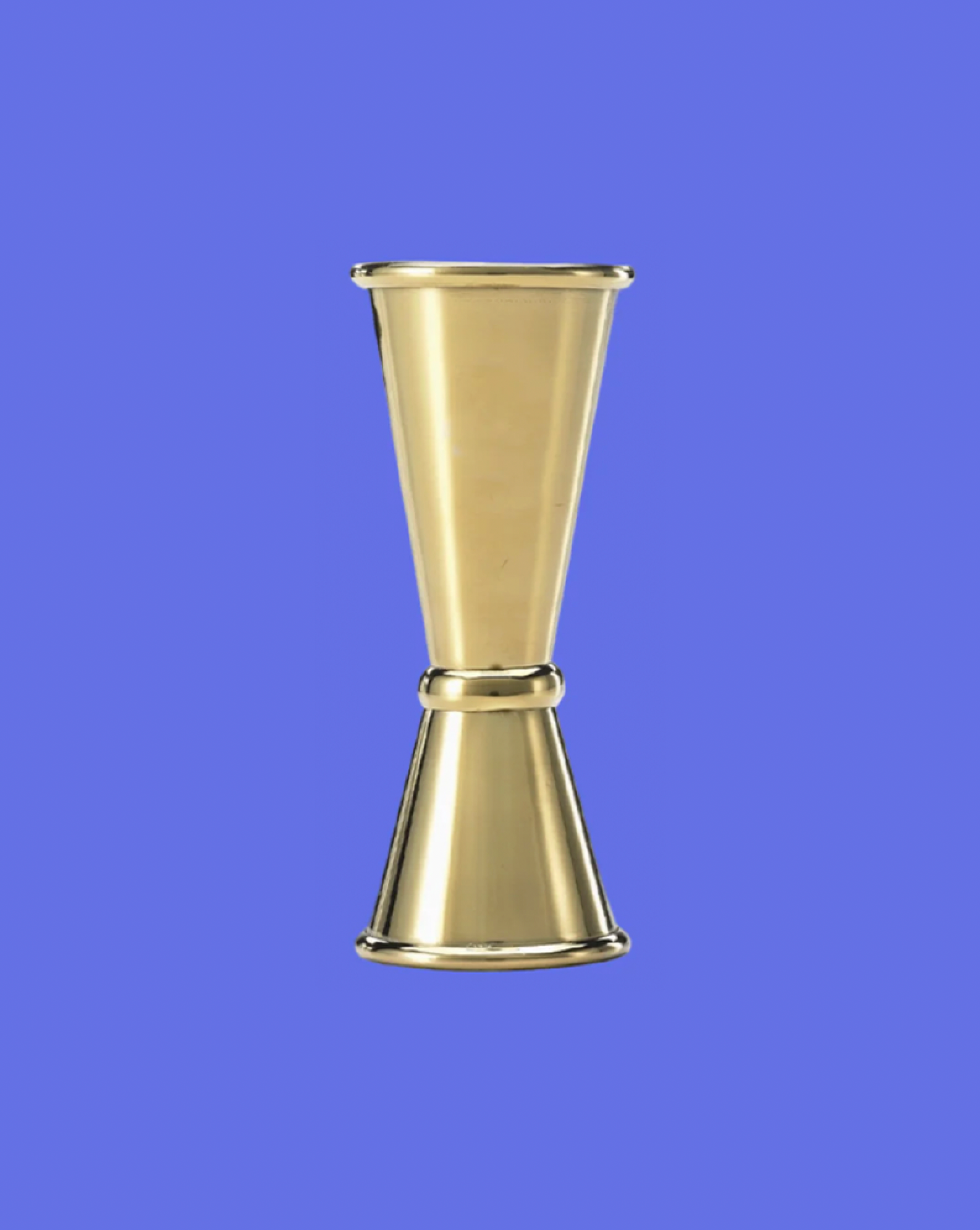 Gold metal jigger on a blue background