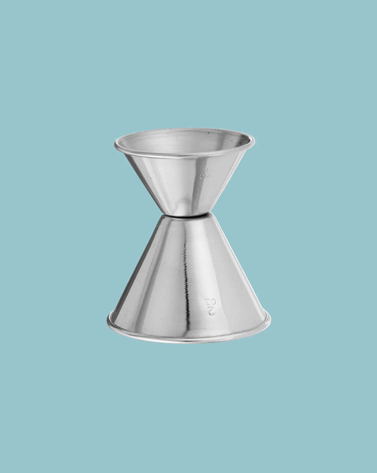 Metallic cocktail jigger on a light blue background