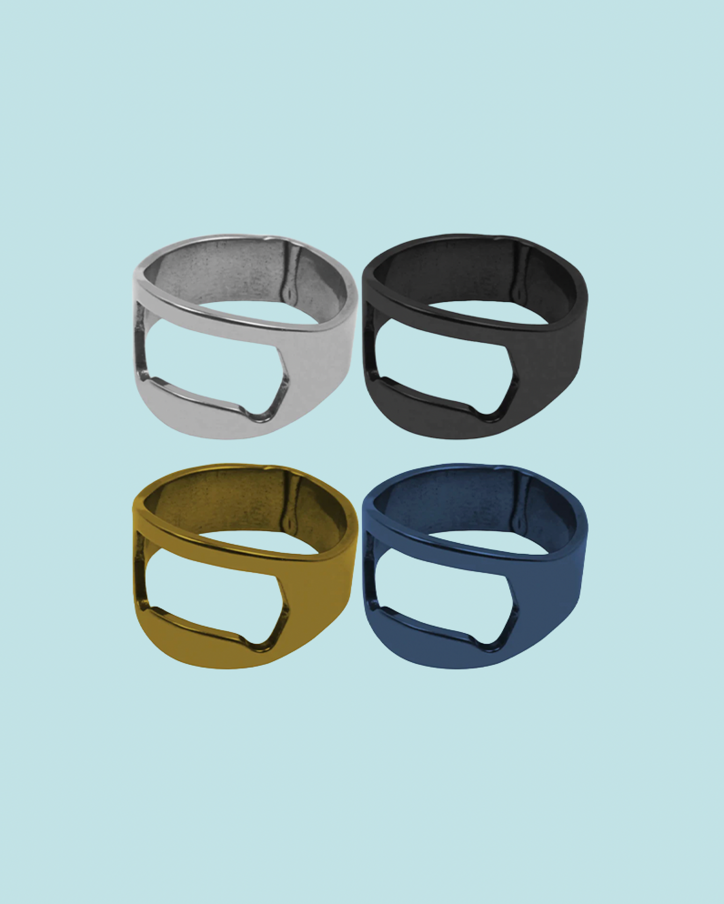 Four metallic rings in silver, black, gold, and blue on a light blue background