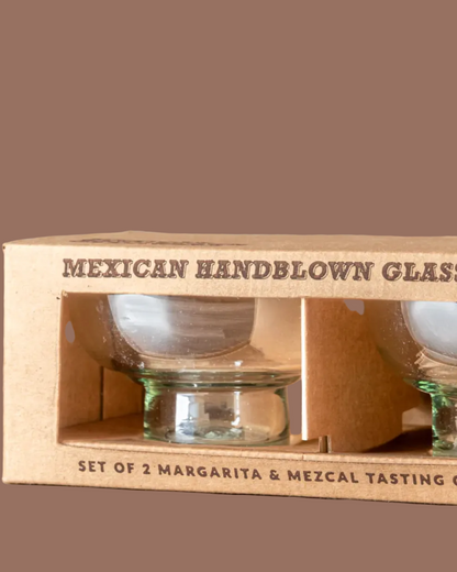 Set of 2 Mexican handblown glass margarita and mezcal tasting glasses in a cardboard box.