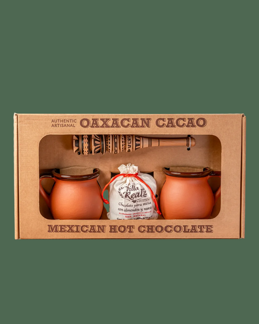 gift set of 2 terra cota mugs, a wooden mixer and hot chocolate