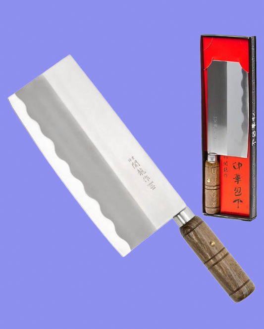 Knife with wooden handle and packaging on a blue background