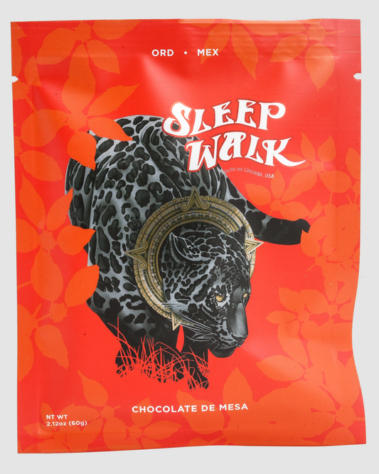 Chocolate packaging with a leopard illustration on an orange background