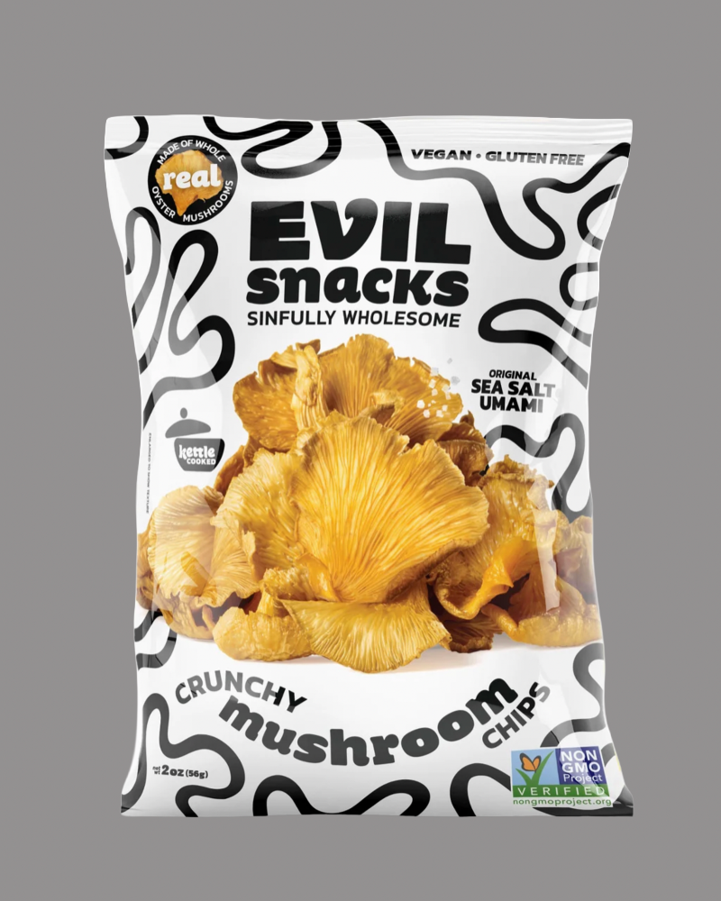 Packaging of Evil Snacks Crunchy Mushroom Chips on a gray background