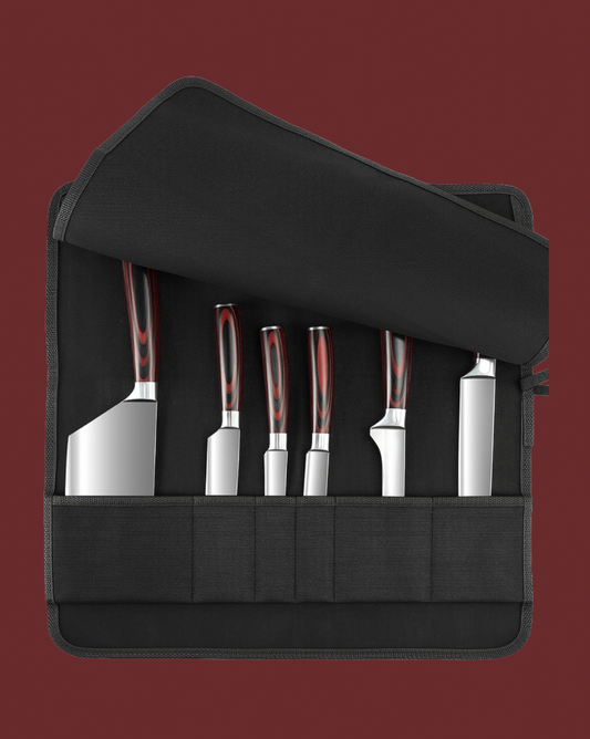 Set of knives with wooden handles in a black carrying case on a dark red background